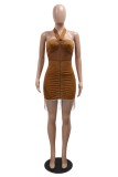 Deep Coffee Sexy Patchwork Hot Drilling Fringed Trim Backless Belted Halter Wrapped Skirt Dresses