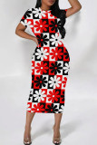 Red Street Geometric Print Patchwork O Neck Wrapped Skirt Dresses