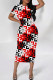 Black White Red Street Geometric Print Patchwork O Neck Wrapped Skirt Dresses
