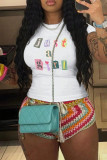 White Casual Print Patchwork O Neck T-Shirts