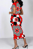 Red Street Geometric Print Patchwork O Neck Wrapped Skirt Dresses