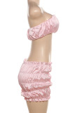 Pink Sexy Solid Color Patchwork Ruched Strapless Sleeveless Two Pieces