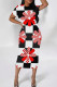 White Black Street Geometric Print Patchwork O Neck Wrapped Skirt Dresses