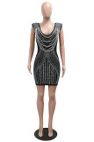 Black Sexy Patchwork Hot Drilling Backless Deep V Neck Wrapped Skirt Dresses