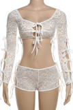 White Sexy Solid Color Lace Hollow Out Patchwork See-Through Strap Design O Neck Long Sleeve Two Pieces