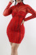 Red Sexy Solid Color Patchwork See-Through Hot Drill Zipper Half A Turtleneck Wrapped Skirt Dresses