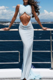 Light Blue Elegant Solid Color Hollow Out Patchwork O Neck Long Dresses