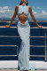 Light Blue Elegant Solid Color Hollow Out Patchwork O Neck Long Dresses