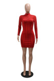 Red Sexy Hot Solid Color Patchwork See-Through Hot Drill Turtleneck Wrapped Skirt Dresses