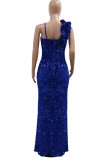 Blue Sexy Solid Color Sequins Patchwork Backless High Slit Spaghetti Strap Sling Dresses