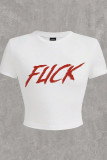 White Casual Print Patchwork O Neck T-Shirts