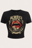 Black Casual Print Patchwork O Neck T-Shirts