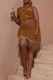 Deep Coffee Sexy Patchwork Hot Drilling Fringed Trim Backless Belted Halter Wrapped Skirt Dresses