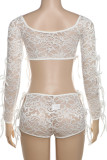 White Sexy Solid Color Lace Hollow Out Patchwork See-Through Strap Design O Neck Long Sleeve Two Pieces