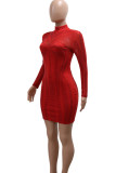 Red Sexy Solid Color Patchwork See-Through Hot Drill Zipper Half A Turtleneck Wrapped Skirt Dresses