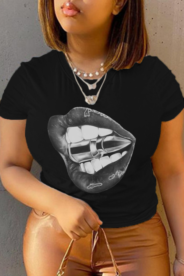 Black Casual Street Lips Print O Neck T-Shirts