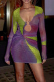 Purple Sexy Print Hollow Out Patchwork V Neck Wrapped Skirt Dresses