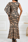 Black Gold Elegant Bronzing Pattern Patchwork Slit O Neck Evening Dresses