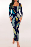Colour Sexy Print Patchwork U Neck Wrapped Skirt Dresses