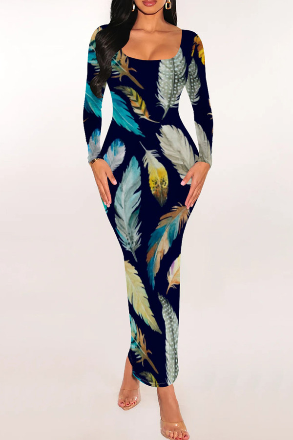 Dark Blue White Sexy Print Patchwork U Neck Wrapped Skirt Dresses