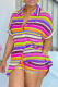 Purple Casual Stripe Pocket Buckle Patchwork Strap Design Contrast Turndown Collar Short Sleeve Two Pieces