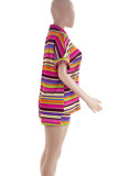 Purple Casual Stripe Pocket Buckle Patchwork Strap Design Contrast Turndown Collar Short Sleeve Two Pieces