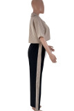 Rose Red Casual Stripe Pocket Lace Up Patchwork Contrast Turndown Collar Half Sleeve Two Pieces