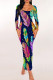 Dark Blue Sexy Print Patchwork U Neck Wrapped Skirt Dresses