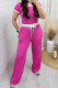 Rose Red Casual Draw String Pocket Patchwork Contrast O Neck Short Sleeve Two Pieces