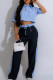 Blue Casual Stripe Pocket Lace Up Patchwork Contrast Turndown Collar Half Sleeve Two Pieces