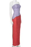 Fuchsia Sexy Patchwork Backless Contrast Strapless Long Dresses