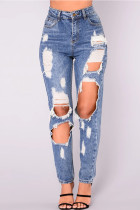 Deep Blue Sexy Solid Color Ripped Hollow Out Pocket Buttons Patchwork Zipper Mid Waist Loose Denim Jeans