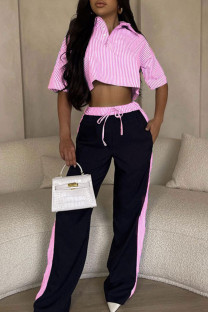 Rose Red Casual Stripe Pocket Lace Up Patchwork Contrast Turndown Collar Half Sleeve Two Pieces