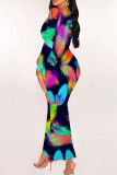 Colour Sexy Print Patchwork U Neck Wrapped Skirt Dresses