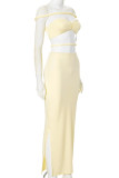 Yellow Sexy Solid Color Hollow Out Patchwork Backless Slit Off Shoulder Sleeveless Two Pieces