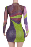 Purple Sexy Print Hollow Out Patchwork V Neck Wrapped Skirt Dresses