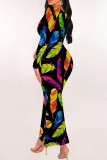 Colour Sexy Print Patchwork U Neck Wrapped Skirt Dresses