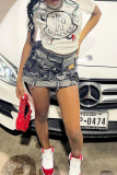 White Casual Street Cartoon Print Letter Print O Neck T-Shirts