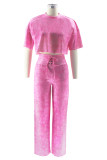 Pink Casual Solid Color Cross Straps O Neck Short Sleeve Two Pieces