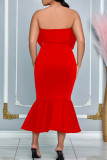 Rose Red Sexy Solid Color Patchwork Backless Bow Decor Strapless Sleeveless Two Pieces