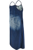 Deep Blue Sexy Solid Color Patchwork Backless Spaghetti Strap Sling Plus Size Dresses
