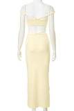 Yellow Sexy Solid Color Hollow Out Patchwork Backless Slit Off Shoulder Sleeveless Two Pieces