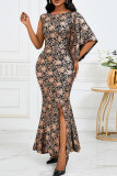 Black Gold Elegant Bronzing Pattern Patchwork Slit O Neck Evening Dresses
