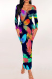 Colour Sexy Print Patchwork U Neck Wrapped Skirt Dresses