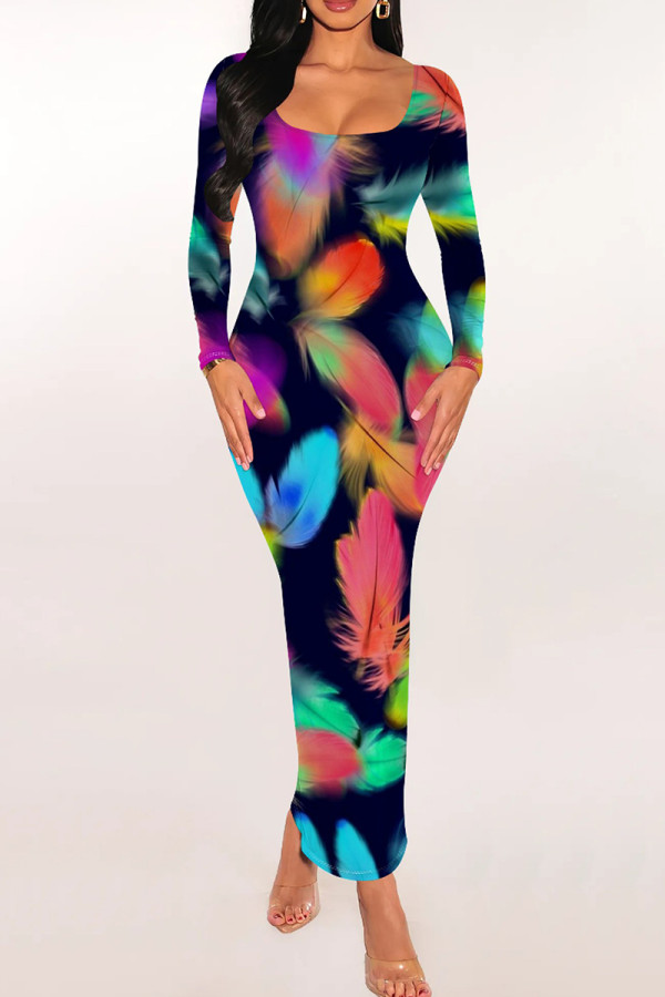 Colour Sexy Print Patchwork U Neck Wrapped Skirt Dresses