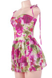 Pink Sexy Print Hollow Out Patchwork Backless Strap Design Halter A Line Dresses