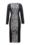 Black Sexy Leopard Print Patchwork Contrast O Neck Wrapped Skirt Dresses