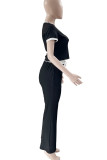 Rose Red Casual Draw String Pocket Patchwork Contrast O Neck Short Sleeve Two Pieces