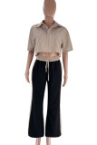 Rose Red Casual Stripe Pocket Lace Up Patchwork Contrast Turndown Collar Half Sleeve Two Pieces