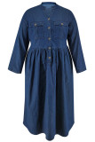 Deep Blue Street Solid Color Pocket Buckle Patchwork Ruched Turndown Collar Long Plus Size Dresses